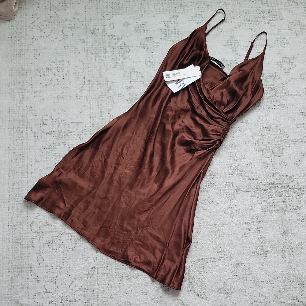 Zara Brown Satin Slip Dress